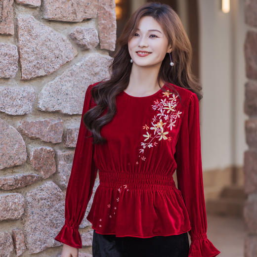 【林栖设计小店】【林栖推荐】（现货）2026年早春红色丝绒复古显瘦刺绣上衣N1954260 商品图0