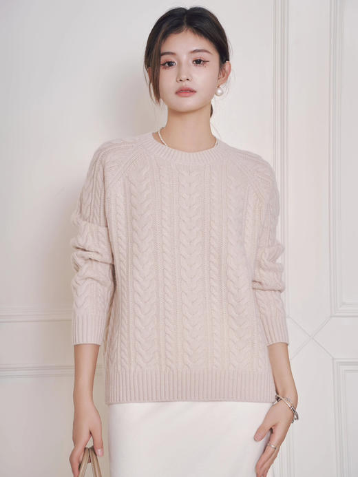 女士绞花圆领羊毛衫 商品图0