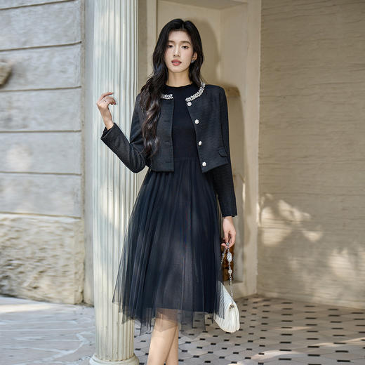 奢姿2025年大码女装针织拼接网纱连衣裙秋冬胖妹妹气质中长款裙子9853853888 商品图4