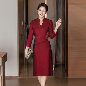 TQ8858 2025秋新款妈妈装 腰花荷叶边酒红婚庆连衣裙喜婆婆礼服
