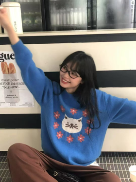 【YW】无忧购可爱猫咪提花圆领毛衣女秋冬宽松百搭减龄针织衫上衣1098#（截单后3-5天发货）