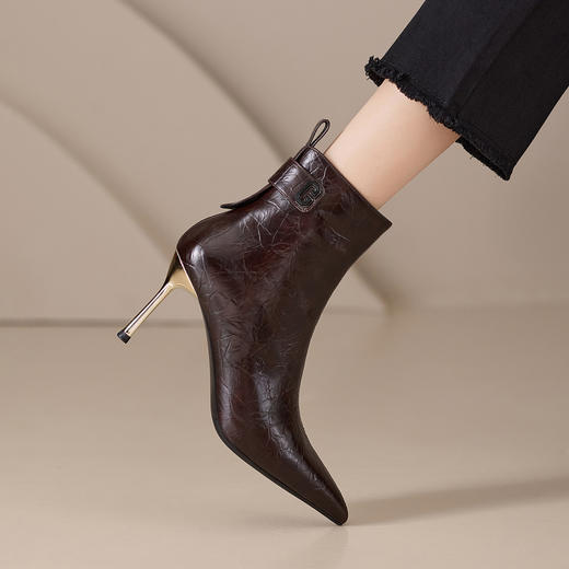 【预售5天】全皮真皮高跟短靴细跟尖头皮靴子气质单靴裸靴J7007-5 商品图2