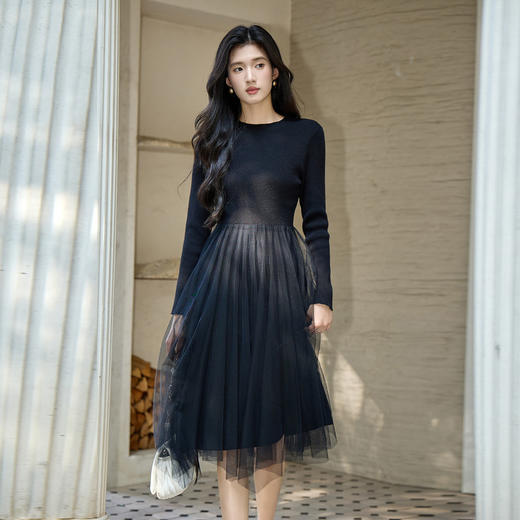 奢姿2025年大码女装针织拼接网纱连衣裙秋冬胖妹妹气质中长款裙子9853853888 商品图0