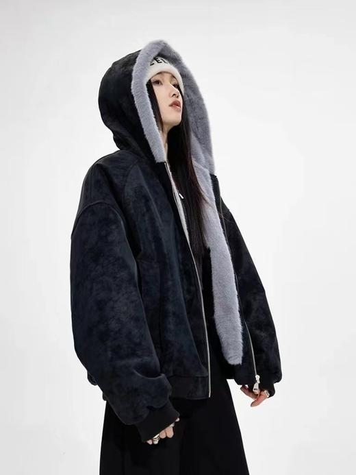 D112924美式复古荔枝纹水貂绒座山雕连帽棉服 商品图7