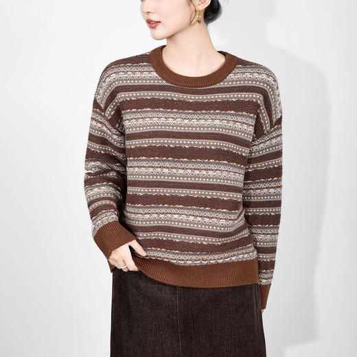 「高货wl」全新升级【铂金会员220/天猫299/差价79】(05957)洛诗琳复古文艺费尔岛提花毛衣2025秋冬气质显瘦条纹毛衣 商品图2