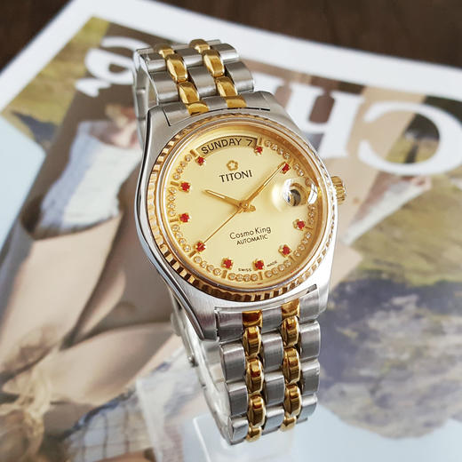 【95新】TITONI 梅花777自动机械机芯日期、星期显示38MM（男款）COSMO KING系列精钢镀金201125TJ17 商品图2