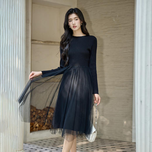 奢姿2025年大码女装针织拼接网纱连衣裙秋冬胖妹妹气质中长款裙子9853853888 商品图1