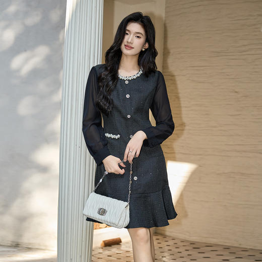 奢姿大码女装2025秋季胖妹妹时尚圆领珍珠装饰气质鱼尾设计连衣裙9953853560 商品图2