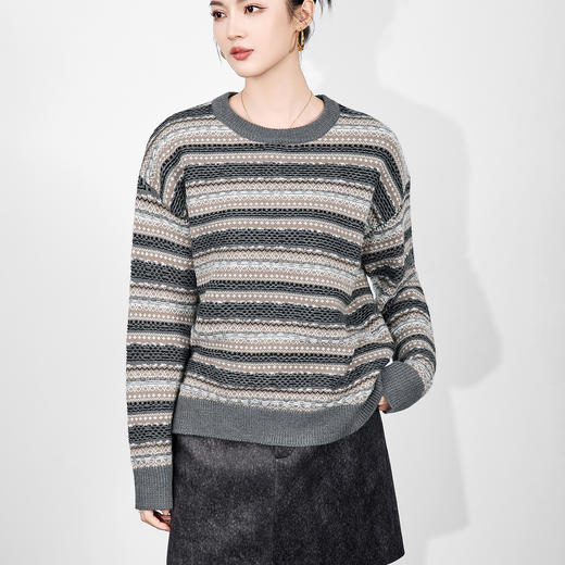 「高货wl」全新升级【铂金会员220/天猫299/差价79】(05957)洛诗琳复古文艺费尔岛提花毛衣2025秋冬气质显瘦条纹毛衣 商品图1