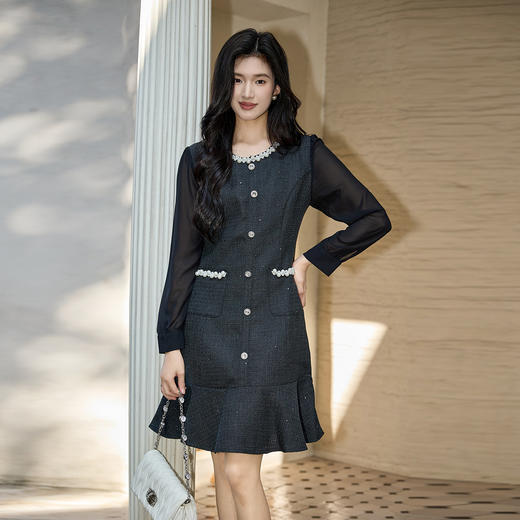 奢姿大码女装2025秋季胖妹妹时尚圆领珍珠装饰气质鱼尾设计连衣裙9953853560 商品图4