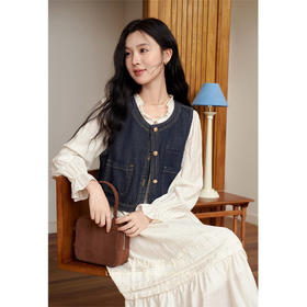 鹿向南「柏林花园」法式气质连衣裙2025秋冬牛仔马夹连衣裙两件套