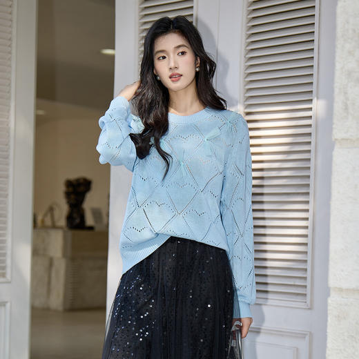 奢姿大码女装2025冬季减龄网纱钉珠圆领针织衫胖妹妹时尚百搭上衣9653653811 商品图0