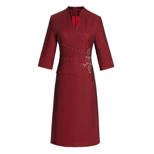 TQ8858 2025秋新款妈妈装 腰花荷叶边酒红婚庆连衣裙喜婆婆礼服 商品图4