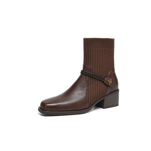 【预售5天】真皮短靴新款中跟针织弹力袜子靴方头粗跟显瘦马丁靴LD&7491 商品图3