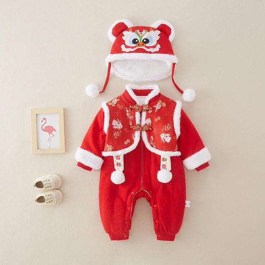 婴儿中国风假两件拜年服宝宝红色新年a类衣服冬季夹棉爬服连体衣 商品图1