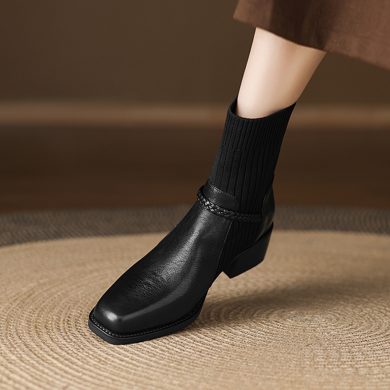 【预售5天】真皮短靴新款中跟针织弹力袜子靴方头粗跟显瘦马丁靴LD&7491