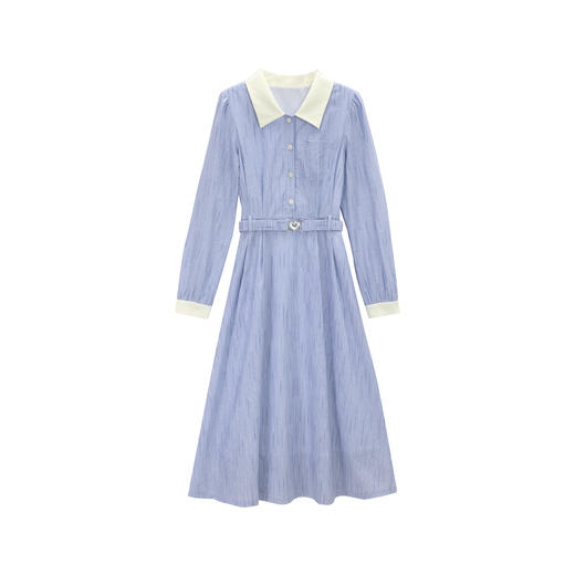 鹿向南「蔚蓝假日」polo领长袖连衣裙女秋季新款高腰显瘦蓝色长裙QJD00594 商品图1