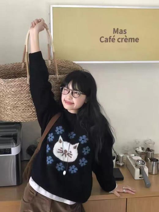 【YW】无忧购可爱猫咪提花圆领毛衣女秋冬宽松百搭减龄针织衫上衣1098#（截单后3-5天发货） 商品图1