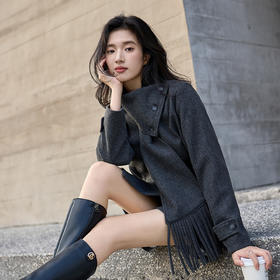 奢姿2025大码女装围巾领毛呢外套胖妹妹遮肉秋冬短款流苏呢子大衣