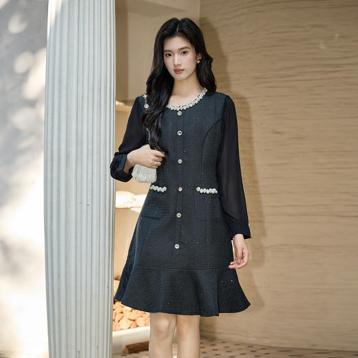 奢姿大码女装2025秋季胖妹妹时尚圆领珍珠装饰气质鱼尾设计连衣裙9953853560 商品图1