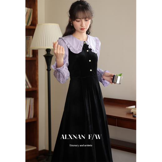 鹿向南《梦幻星辰》2025秋冬新款假两件法式桔梗娃娃领连衣裙女 商品图2