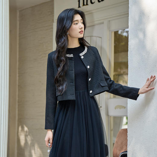 奢姿大码女装2025冬季减龄钉珠织带拼接小香风时尚气质名媛外套9954353796 商品图0