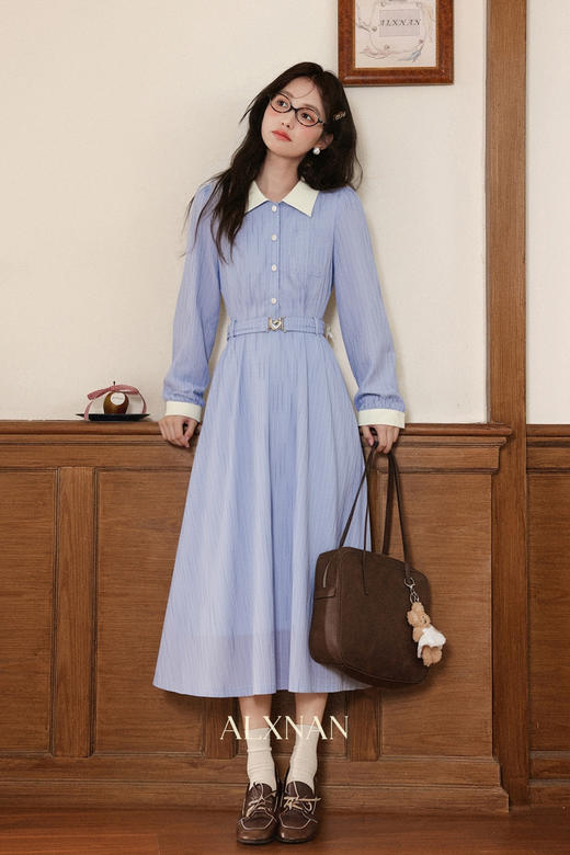 鹿向南「蔚蓝假日」polo领长袖连衣裙女秋季新款高腰显瘦蓝色长裙QJD00594 商品图3