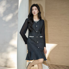 奢姿大码女装2025秋季胖妹妹时尚圆领珍珠装饰气质鱼尾设计连衣裙9953853560