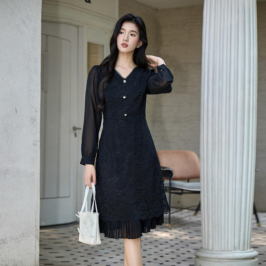 奢姿大码女装2025秋季时尚蕾丝花边百褶连衣裙胖妹妹气质V领裙子9953853362 商品图2