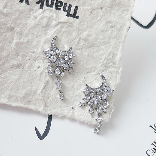 闪亮锆石星星月亮流苏重工耳钉耳环女超仙绝美银针耳环-纪念日百货门店同款167796362 商品图0