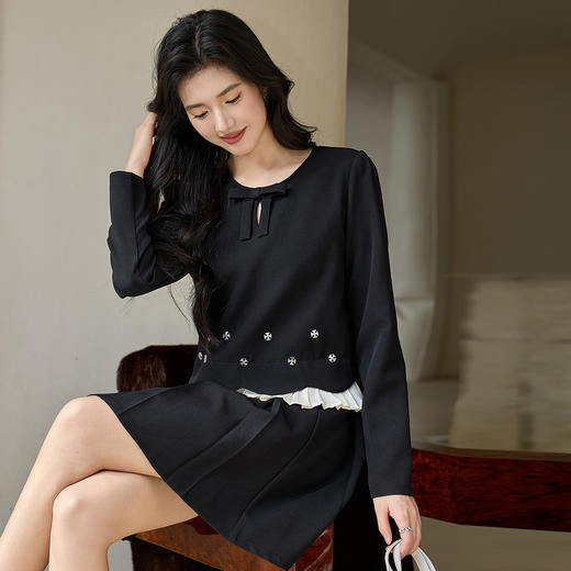 奢姿大码女2025秋季胖妹妹时尚蕾丝领拼接外套百褶裙两件套装9953994214 商品图2