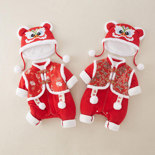 婴儿中国风假两件拜年服宝宝红色新年a类衣服冬季夹棉爬服连体衣 商品图0