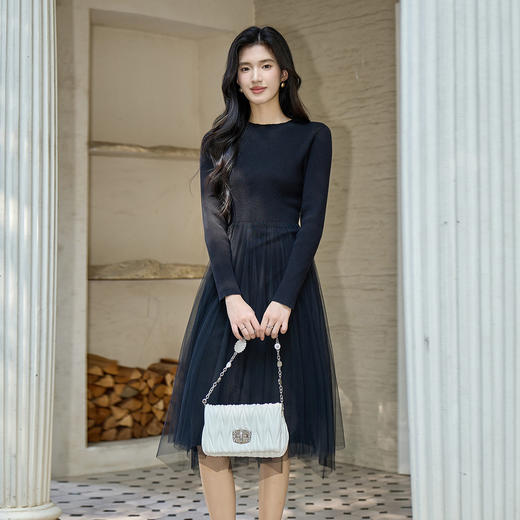 奢姿2025年大码女装针织拼接网纱连衣裙秋冬胖妹妹气质中长款裙子9853853888 商品图2
