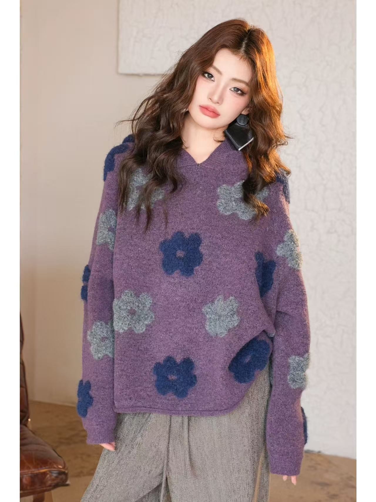 雾紫色加厚保暖花朵提花慵懒松弛感连帽毛衣