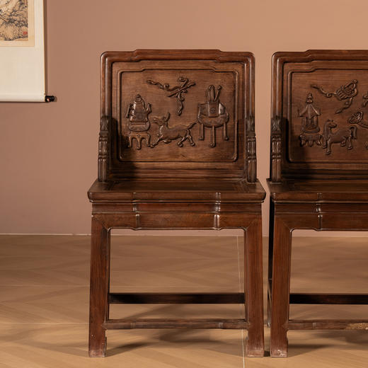 清	红木高浮雕博古清供图背屏椅成堂（一堂四只） 商品图2