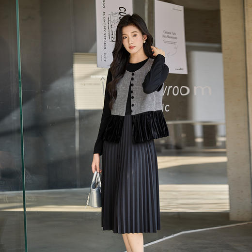 奢姿大码女装2025冬季粗花呢拼接黑色丝绒两件套胖妹妹时尚套装9954953711AB 商品图2