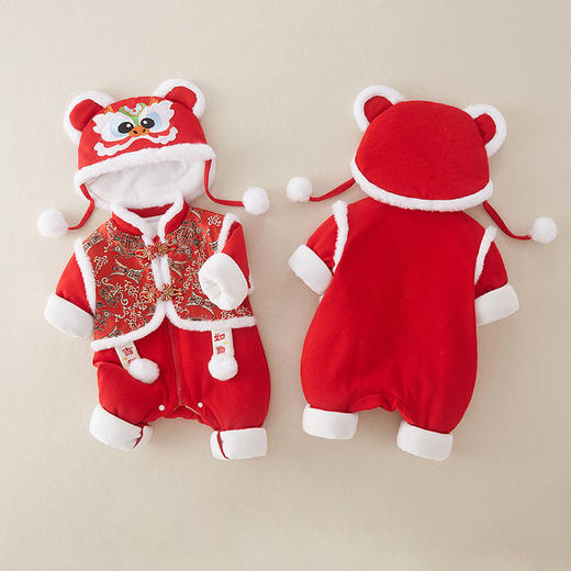 婴儿中国风假两件拜年服宝宝红色新年a类衣服冬季夹棉爬服连体衣 商品图2