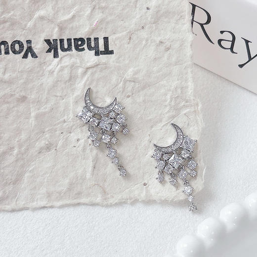 闪亮锆石星星月亮流苏重工耳钉耳环女超仙绝美银针耳环-纪念日百货门店同款167796362 商品图3