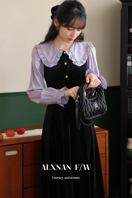 鹿向南《梦幻星辰》2025秋冬新款假两件法式桔梗娃娃领连衣裙女 商品图5