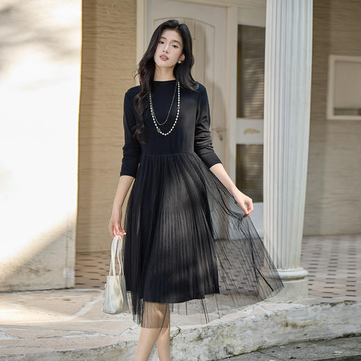 奢姿大码女装2025秋季胖妹妹时尚减龄黑色网纱拼接设计圆领连衣裙9953870338 商品图4