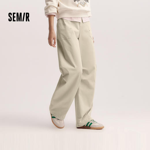 森马休闲裤女春半松紧腰打褶抽绳阔腿裤女生酷飒风高街工装风长裤 商品图0