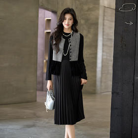 奢姿大码女装2025冬季粗花呢拼接黑色丝绒两件套胖妹妹时尚套装9954953711AB