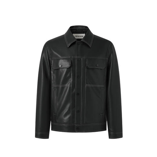 CHINISM赤尘 黑色合体PU皮机车夹克男秋季新款美式翻领皮衣外套 商品图0
