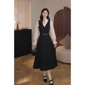 鹿向南「鲁本斯周刊」假两件法式背心连衣裙女早秋巨显瘦黑色长裙QJD00644