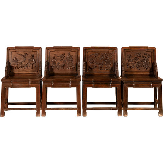 清	红木高浮雕博古清供图背屏椅成堂（一堂四只） 商品图5