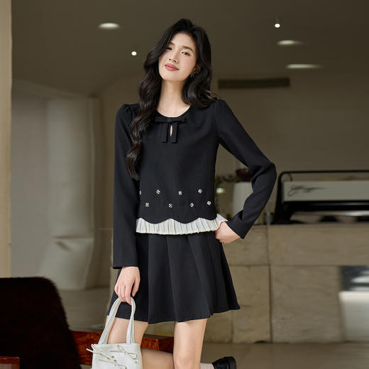 奢姿大码女2025秋季胖妹妹时尚蕾丝领拼接外套百褶裙两件套装9953994214 商品图1