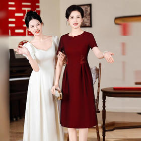 TQ8857 2025春新款妈妈装 腰部压褶钉珠酒红喜婆婆婚庆婚宴礼服