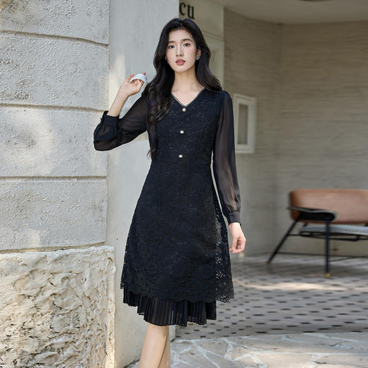 奢姿大码女装2025秋季时尚蕾丝花边百褶连衣裙胖妹妹气质V领裙子9953853362 商品图4