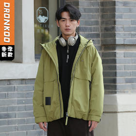 DRONKOO 2025 连帽左胸金属标前活页斜拉链户外风短款中厚羽绒服