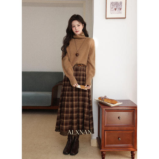 鹿向南「温莎奈穗」复古咖色格纹伯克利气质半身裙女秋冬A字裙子 商品图3